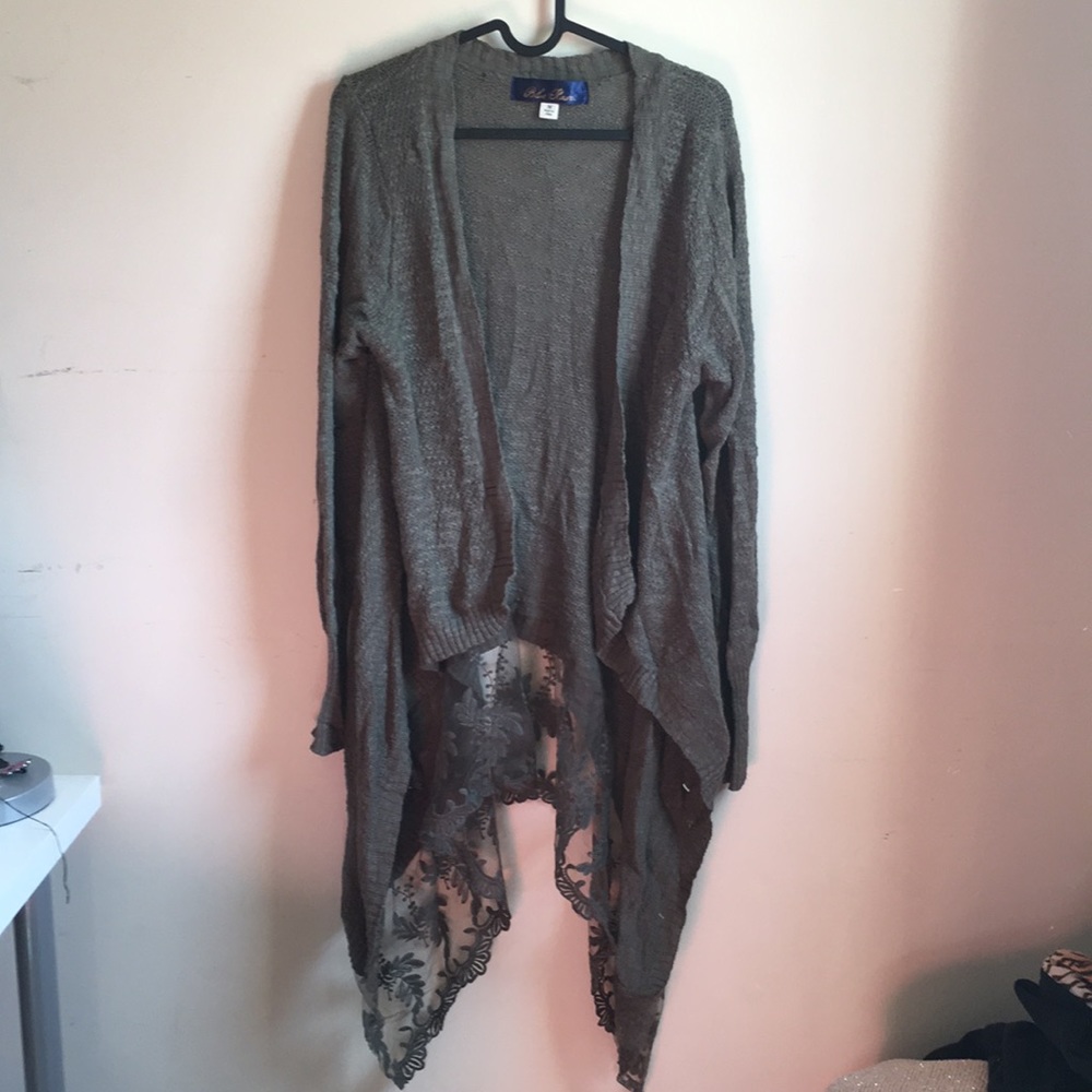 Blu Rain Medium Hi Lo Lace Cardigan Army Green